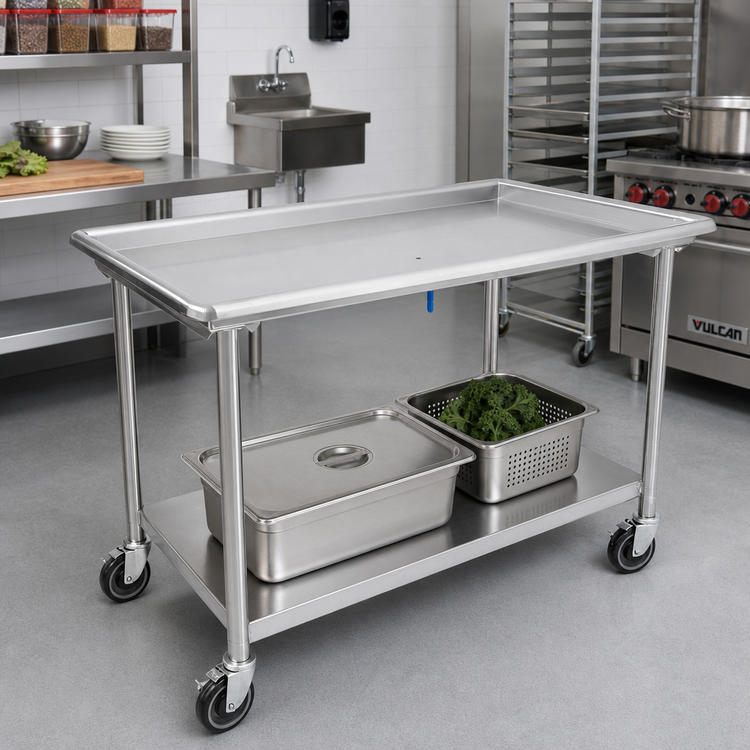 Product image #2 for John Boos 48-7/8" x 30-3/8" Stainless Steel Sorting Table with Open Undershelf Base and Locking Casters