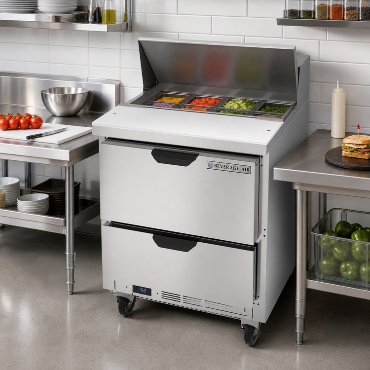 Product image #3 for Beverage-Air 27-Inch Refrigerated Sandwich Prep Table with 2 Drawers, 8-Pan Standard Top, 6.9 Cu. Ft.