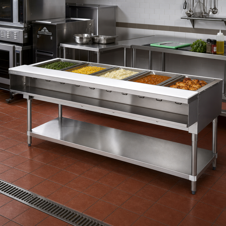 Product image #2 for Advance Tabco Triumph Supreme 5-Well LP Gas Water Bath Hot Food Table with Cutting Board and Open Base