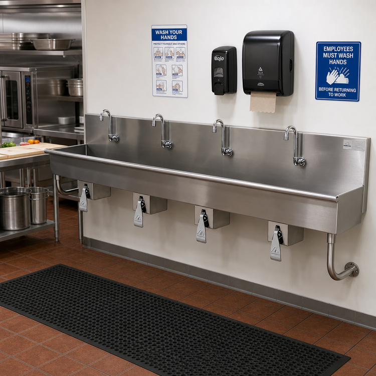 Product image #2 for Advance Tabco 4-Station 96-Inch Wall Mounted Hand Wash Sink with Knee Valves and Tubular Supports