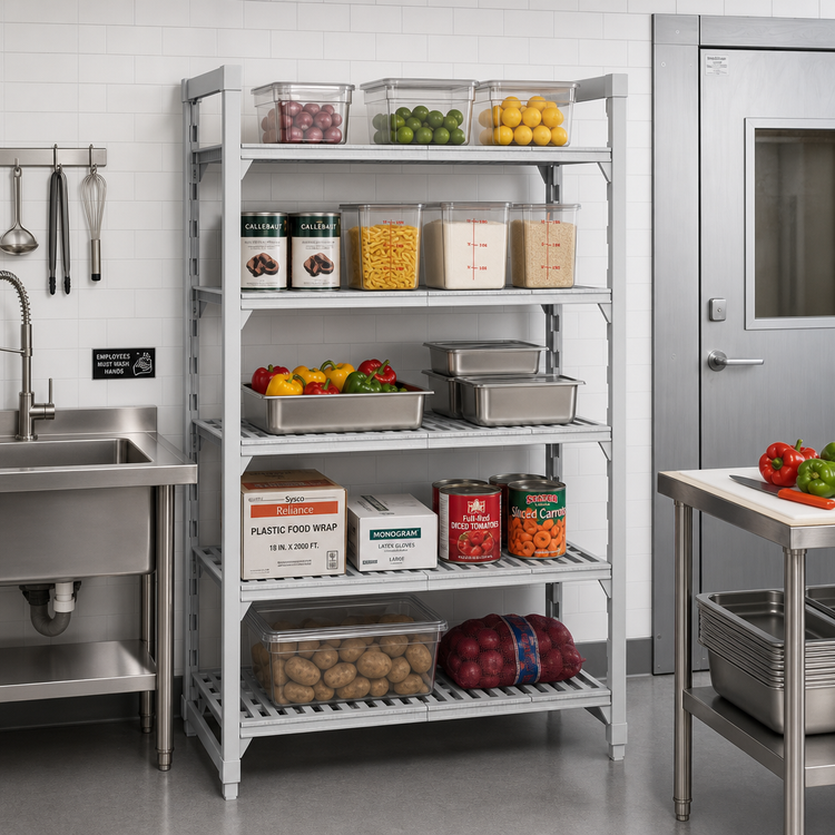 Product image #3 for Cambro Camshelving Premium Series 5-Tier Stationary Starter Unit, 21-Inch Deep x 42-Inch Long x 64-Inch High, Vented Shelves, Speckled Gray