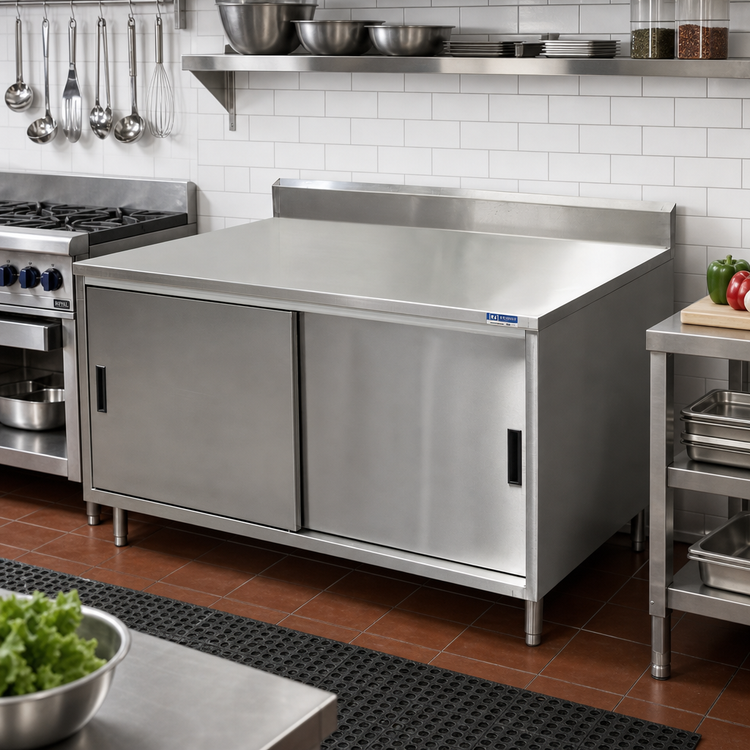 Product image #2 for BK Resources Stainless Steel Chef Table Cabinet Base with Sliding Doors, 48 x 36 x 39-3/4 Inches, 5-Inch Back Riser