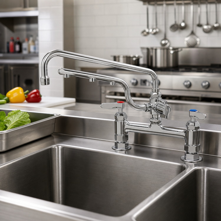 Product image #2 for T&S Brass UltraRinse 8" Deck Mount Mixing Faucet with 12" Swing Nozzle and 10" ULTRARINSE Spray Arm