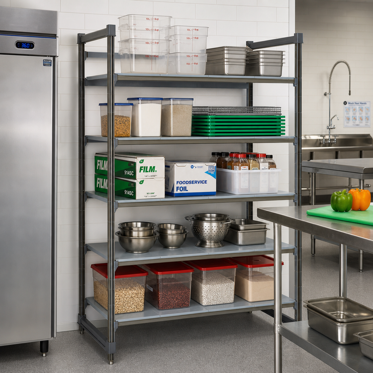 Product image #2 for Cambro Camshelving Basics Plus 5-Tier Solid Stationary Starter Unit, 24" Deep x 54" Wide x 84" High, Brushed Graphite