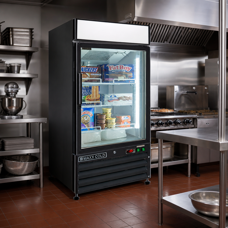 Product image #2 for Maxx Cold X-Series 1-Section 12 Cu. Ft. Reach-In Glass Door Merchandiser Freezer, Black, Bottom-Mounted Compressor