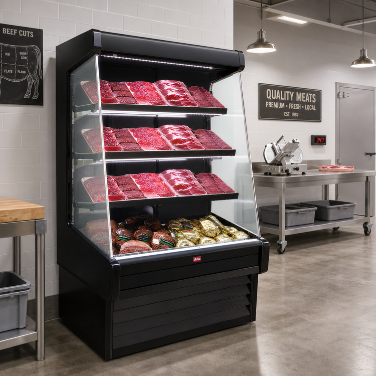 Product image #2 for Howard-McCray Ovation Series 147-Inch Black Meat Open Merchandiser, 72-Inch High, Remote Refrigeration, LED Lighting