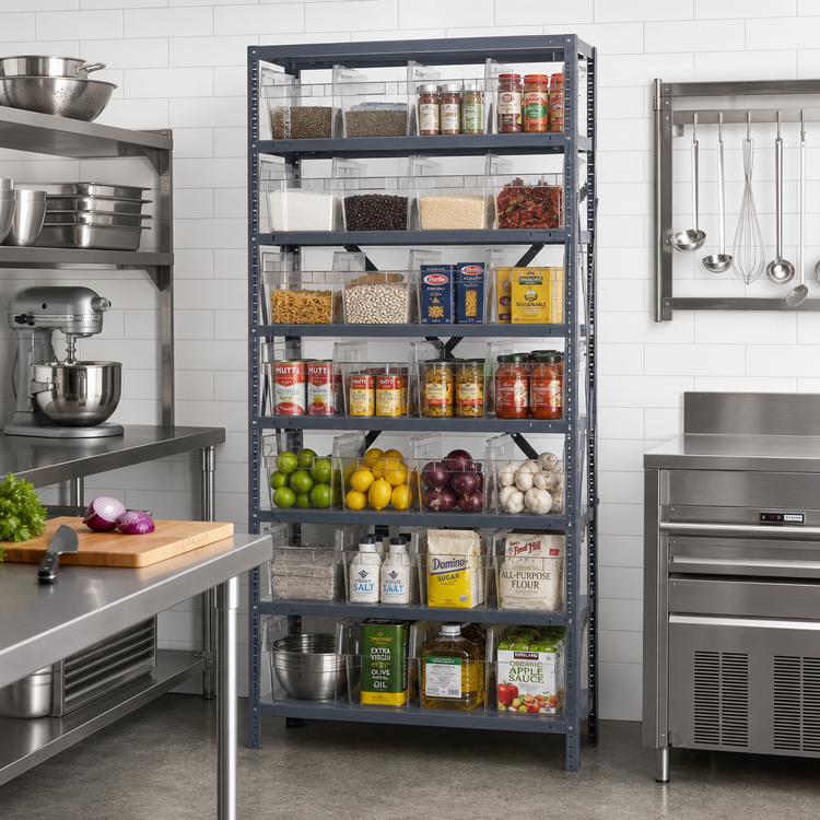 Product image #2 for Quantum Heavy-Duty Stationary Wire Shelving Unit with 8 Shelves and 28 Clear Bins, 36 x 12 x 75 Inches