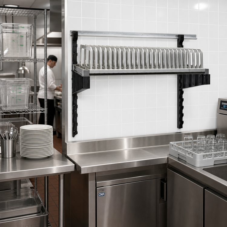 Product image #2 for Cambro Camshelving Elevation Series 18-Inch x 48-Inch Wall Shelving Dry Rack Add-On, 28-Slot Plate Rack