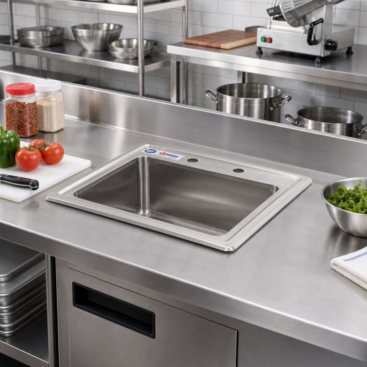 Product image #2 for Omcan USA 1-Compartment Drop-In Self-Rimming Sink with 3-1/2 Inch Drain Basket, Stainless Steel, 12-1/4 x 10-1/4 x 5-1/2 Inches
