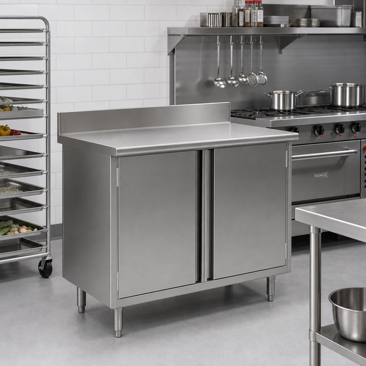 Product image #2 for Eagle Group Spec-Master 84-Inch Stainless Steel Enclosed Work Table Cabinet Base with Hinged Doors, 24-Inch Deep, 4-1/2-Inch Backsplash