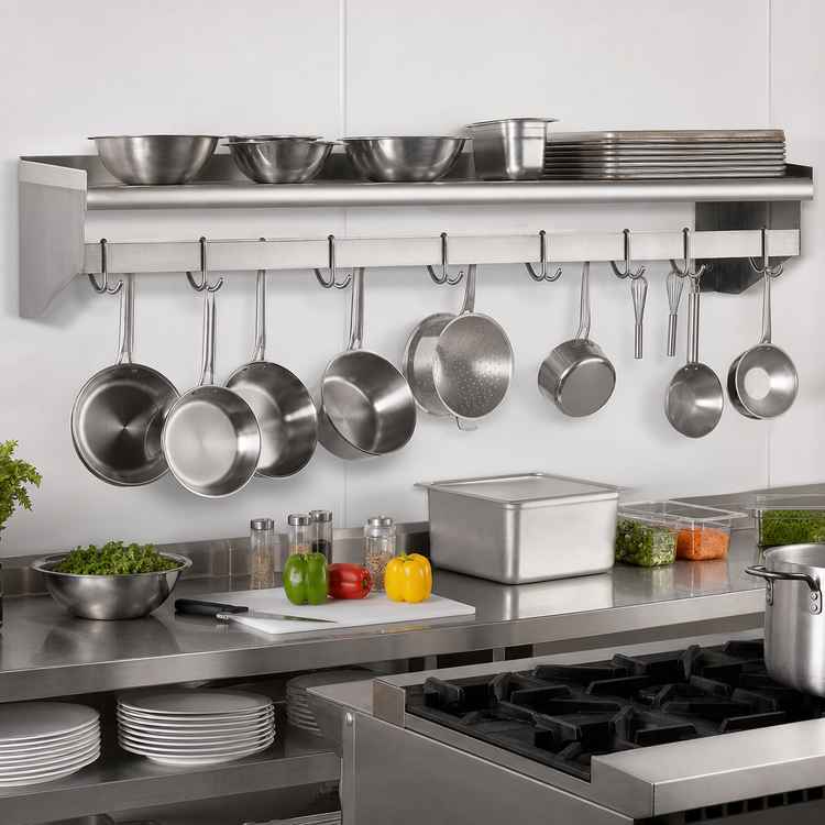 Product image #2 for Eagle Group Wall-Mounted Stainless Steel Pot Rack Shelf, 120"W x 18"D