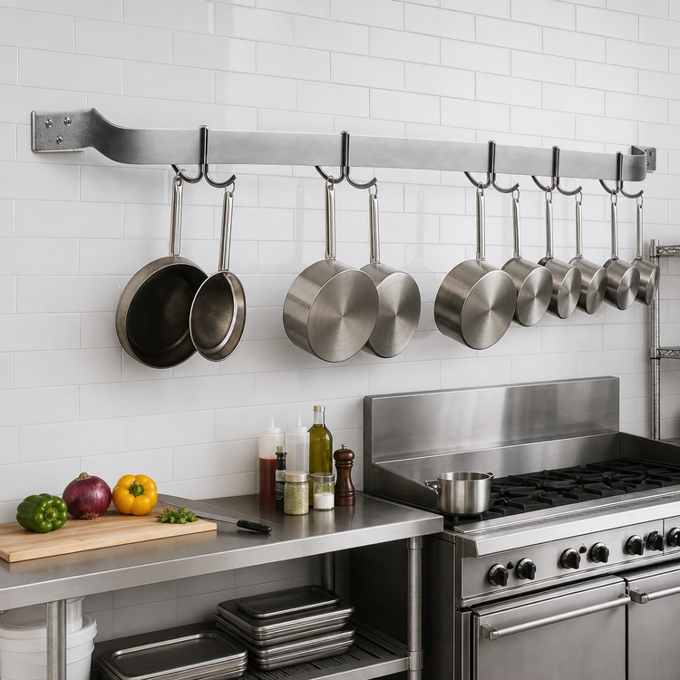 Product image #2 for Eagle Group 108-Inch Wall-Mount Single-Bar Stainless Steel Pot Rack with 9 Double Hooks