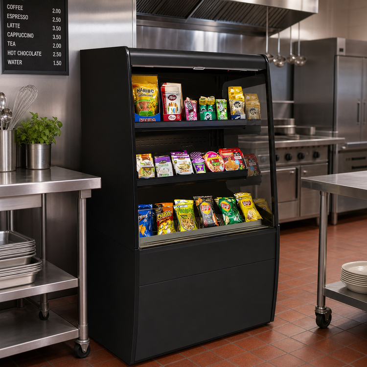 Product image #2 for Federal Industries Vision Series Non-Refrigerated Self-Serve High Profile Merchandiser, 24 Inch Wide x 33 Inch Deep x 60 Inch High, Black, Curved Ends
