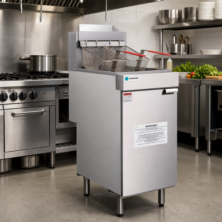 Product image #2 for Hurakan by Equip.me Heavy-Duty Range-Match 50 lb Floor Model Natural Gas Fryer with Basket Lifts