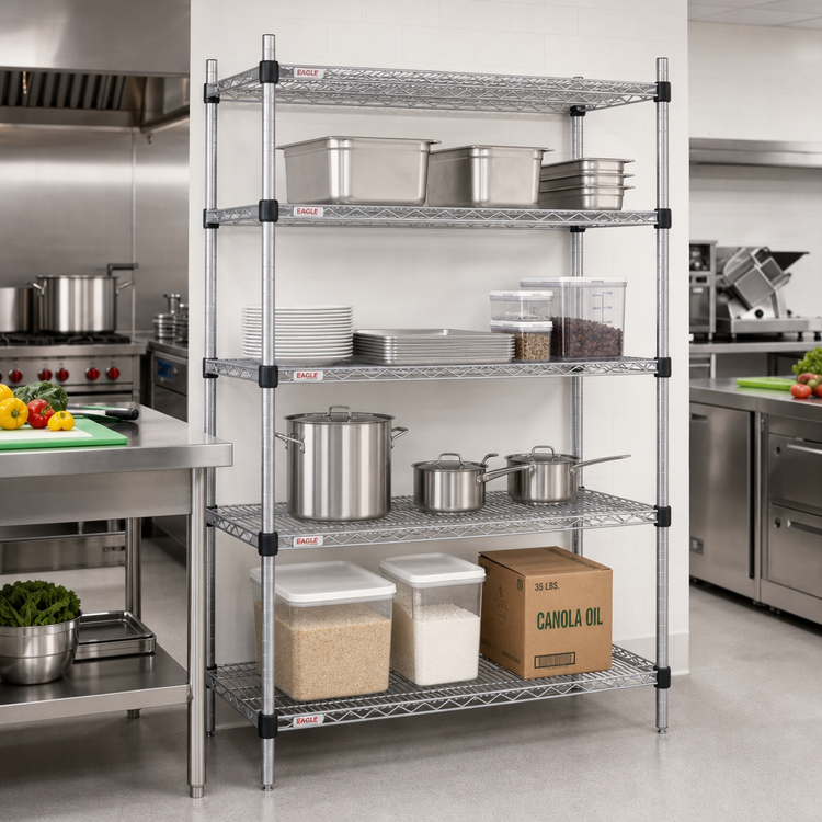 Product image #2 for EAGLEbrite Quad-Adjust 4-Tier Stationary Starter Wire Shelving Unit, 60W x 18D x 74H, Zinc Finish