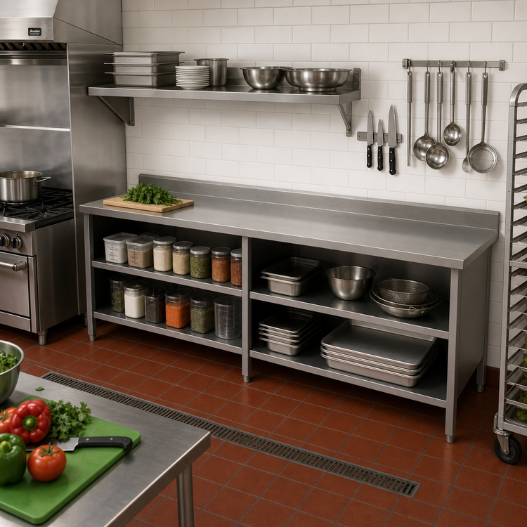 Product image #2 for John Boos Open Front Cabinet Base Stainless Steel Work Table with 5-Inch Backsplash, 96 x 30 Inches