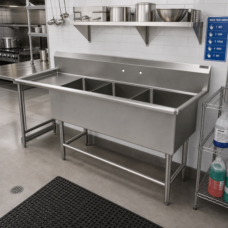 Product image #2 for John Boos Pro-Bowl 3-Compartment Floor Model Sink with 30-Inch Left Drainboard, 24 x 24 x 12 Inch Bowls