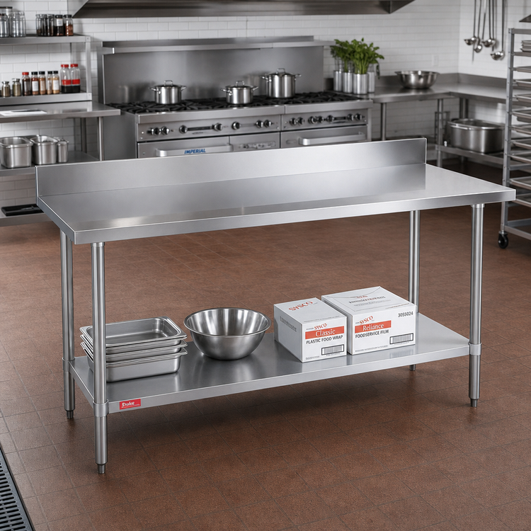 Product image #2 for Duke 120-Inch x 24-Inch 14-Gauge 300 Series Stainless Steel Work Table with 5-Inch Riser and Galvanized Undershelf