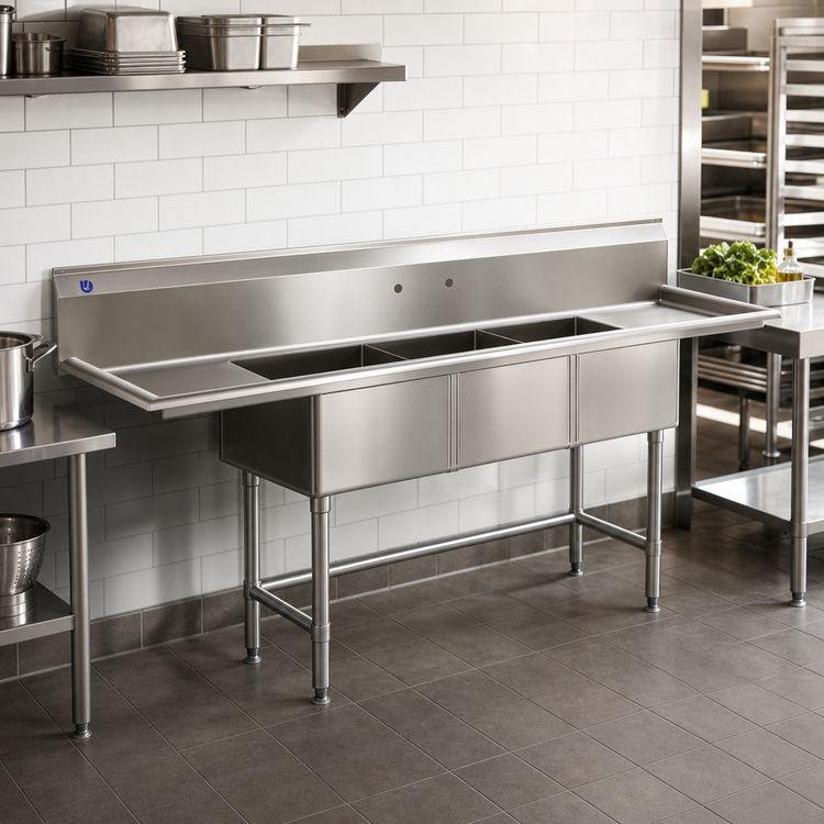 Product image #2 for BlendPort BPFC Series 3-Compartment Stainless Steel Sink with Dual 24-Inch Drainboards, 24 x 24-Inch Bowls