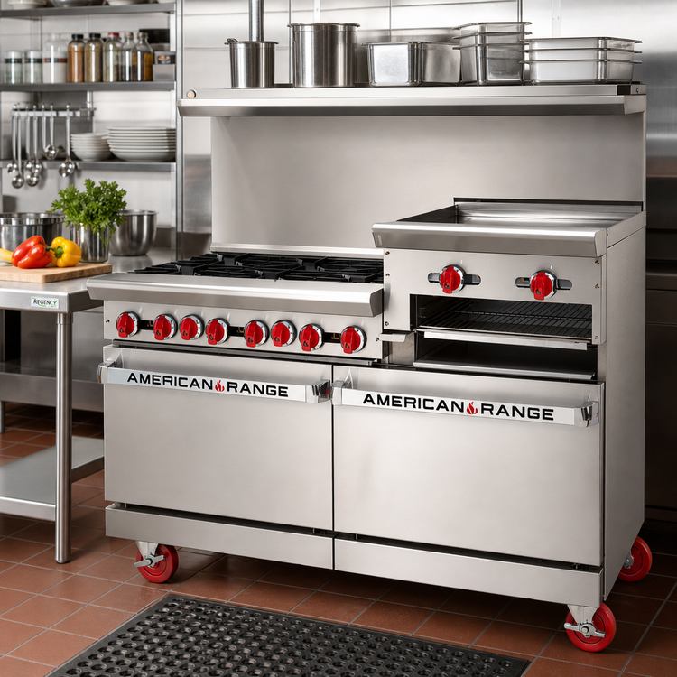 Product image #2 for American Range 48-Inch Restaurant Gas Range with 4 Open Burners, 24-Inch Raised Griddle/Broiler, and Double Storage Base