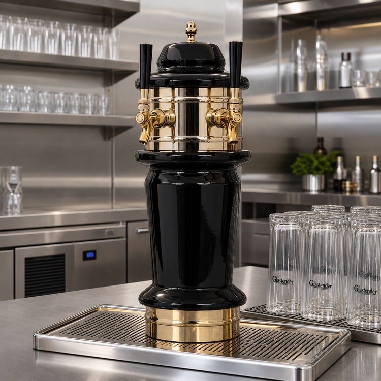 Product image #2 for Glastender Monaco 2-Faucet Air-Cooled Draft Dispensing Tower with Mirror-Finish Drain Pan, Polished Brass