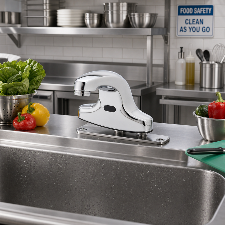 Product image #2 for equip Touchless Electronic Sensor Deck-Mount Faucet with Thermostatic Mixing Valve, Rigid Spout, 4-Inch Centers, Chrome