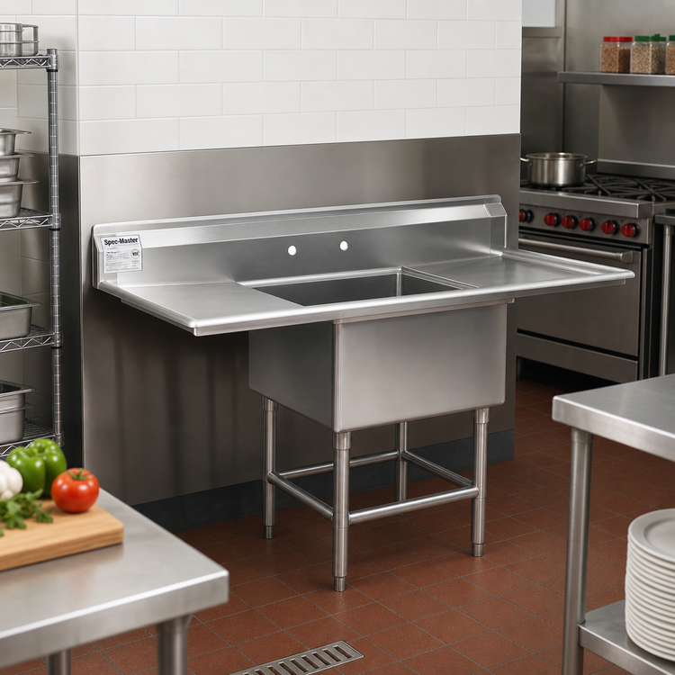 Product image #2 for Spec-Master FN Series One-Compartment Sink with 30-Inch Left Drainboard, 24" x 24" x 14" Bowl, 14-Gauge 304 Stainless Steel