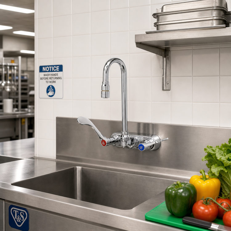 Product image #2 for T&S Brass Wall-Mount Workboard Faucet with 2-11/16-Inch Swivel Gooseneck Spout and 0.5 GPM Spray Device
