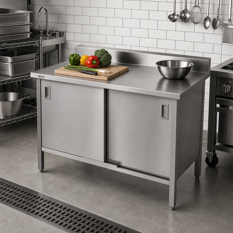 Product image #2 for John Boos Enclosed Base Stainless Steel Work Table with Sliding Doors, 16-Gauge 300-Series Top, 48-Inch W x 30-Inch D