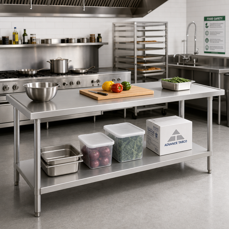 Product image #2 for Advance Tabco 108 Inch x 24 Inch 14 Gauge 304 Stainless Steel Flat Top Work Table with Adjustable Undershelf