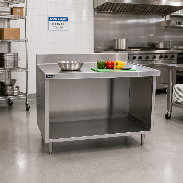 Product image #2 for Spec-Master Marine Series Stainless Steel Work Table with Cabinet Base, Open Front, 36W x 30D, 4-1/2-Inch Backsplash