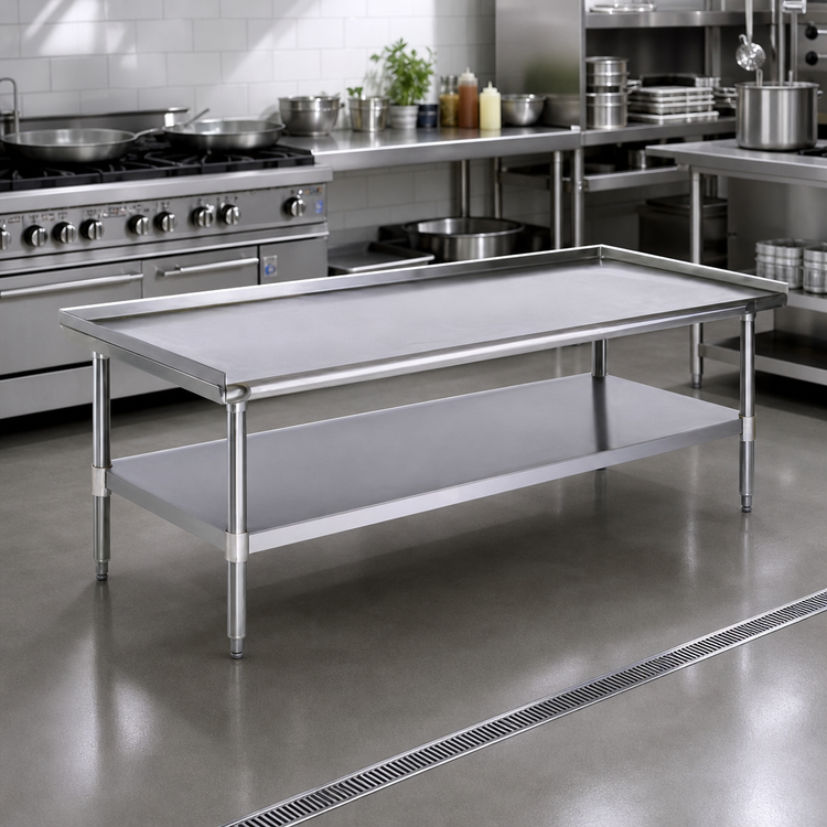 Product image #2 for 60-3/8 Inch Stainless Steel Griddle/Equipment Stand with Open Base, 16-Gauge Top, and Adjustable Undershelf
