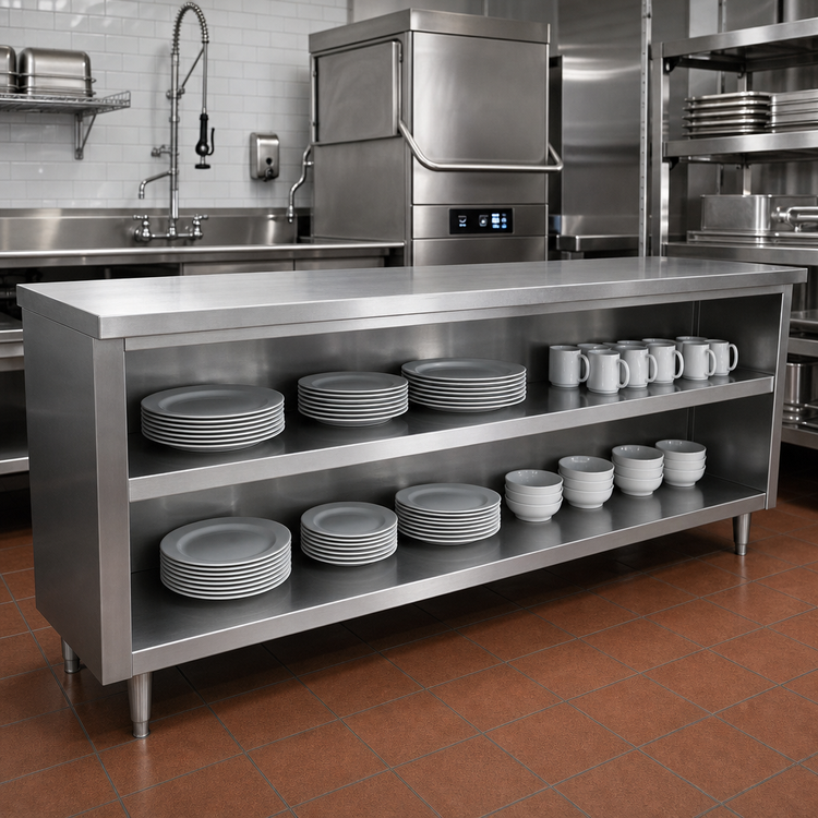 Product image #2 for Advance Tabco DC-157 Stainless Steel Dish Cabinet, 84-Inch W x 15-Inch D, Open Base With Mid-Shelf