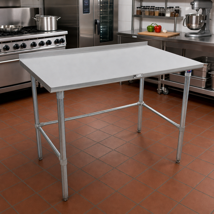 Product image #2 for John Boos Stallion 48" x 30" 14-Gauge 300 Series Stainless Steel Work Table with 1-1/2" Rear Up-Turn and Galvanized Base