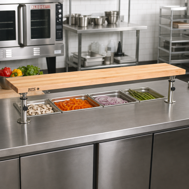 Product image #2 for John Boos 72 Inch x 8 Inch Edge Grain Northern Hard Rock Maple Steam Table Cutting Board with Adjustable Stainless Steel Supports