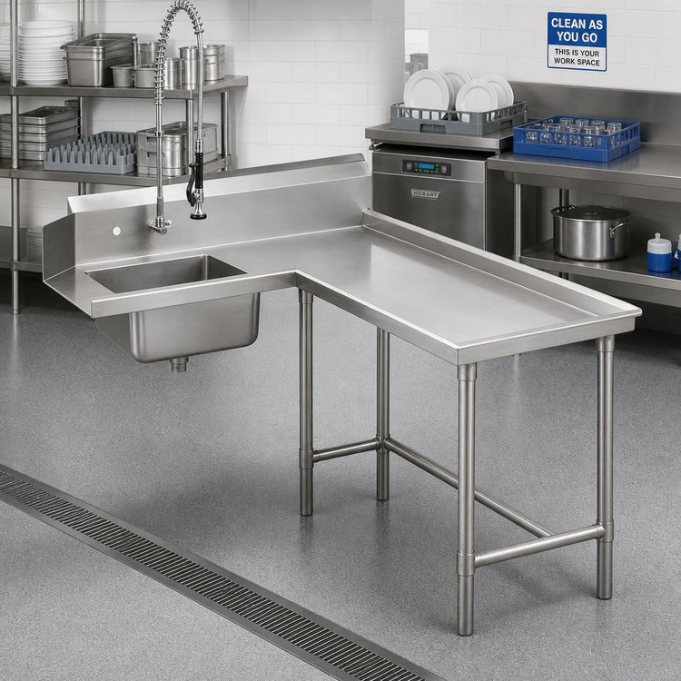 Product image #2 for Advance Tabco Spec-Line Right-Hand L-Shaped Island Soil Dishtable with 8-Inch Deep Pre-Rinse Sink, 47-Inch