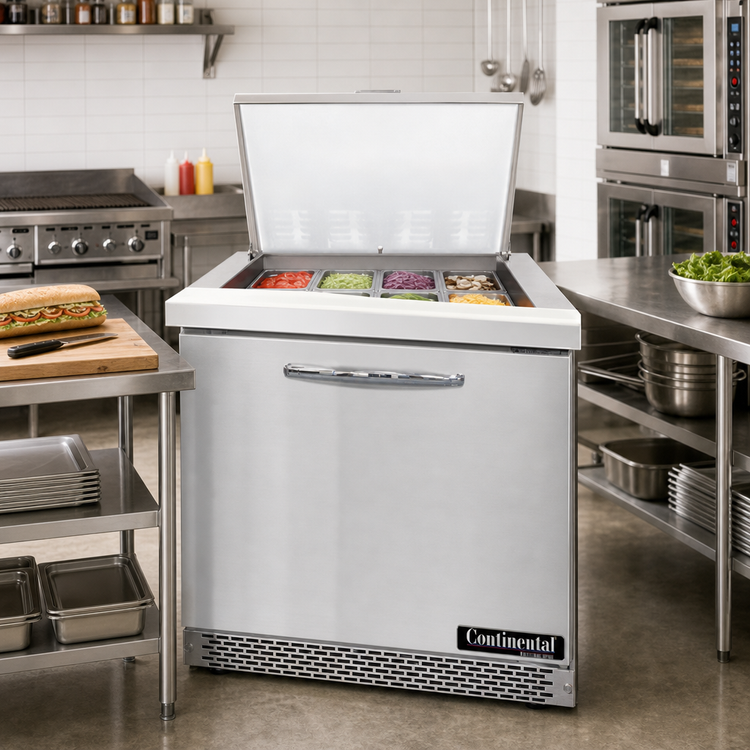Product image #2 for Continental Refrigerator Mighty Top 32-Inch Front-Breathing Sandwich Prep Table with 12-Pan Rail and 1 Door