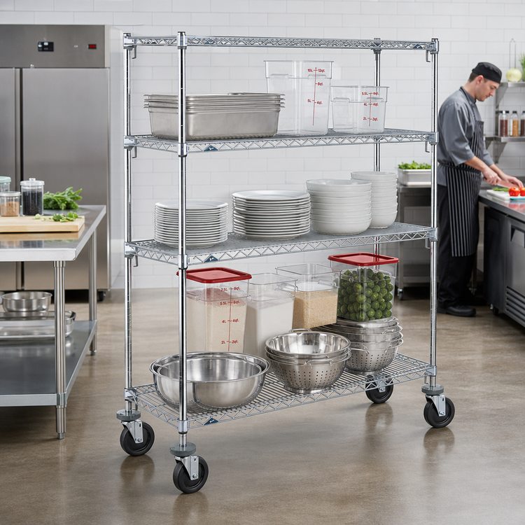Product image #2 for Metro Super Erecta Super Adjustable Wire Stem Caster Cart, 60" x 21" x 69", 4 Shelves, Chrome, 900 lb. Capacity