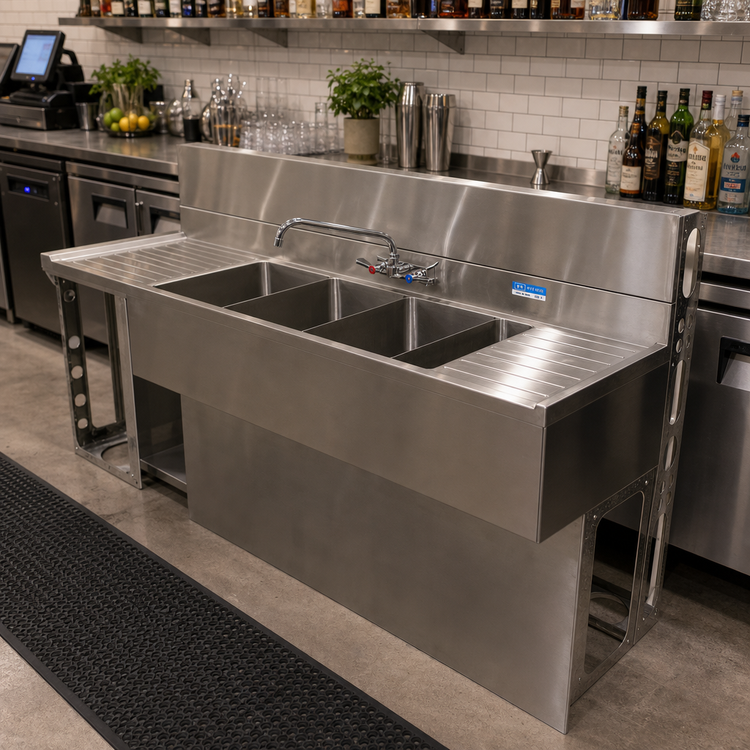Product image #3 for BK Resources Slim-Line Four-Compartment Stainless Steel Underbar Sink with Left and Right Drainboards, 72 Inch