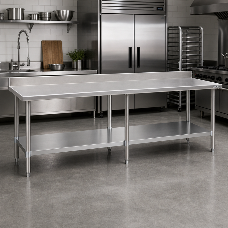 Product image #2 for Eagle Group Budget Series 144" x 36" Work Table with 430 Stainless Steel Top, 4-1/2" Backsplash, and Adjustable Undershelf