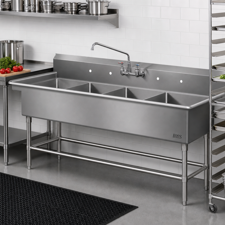 Product image #2 for John Boos Pro-Bowl 4-Compartment Freestanding Stainless Steel Sink with 10-Inch Backsplash, 77-1/8 x 29-1/2 x 44-1/16 Inches