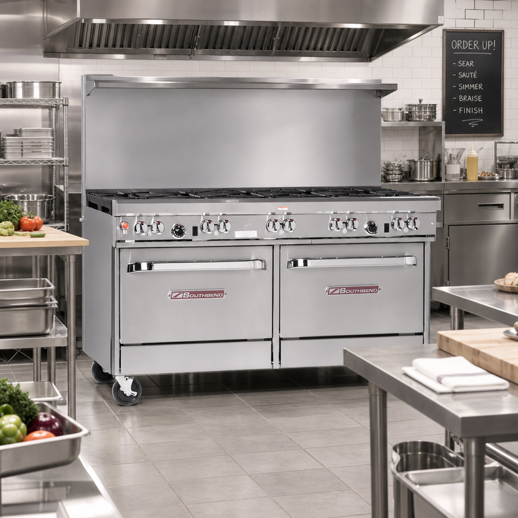 Product image #2 for Southbend Ultimate 60-Inch Gas Restaurant Range with 3 Star/Sauté Front Burners, 3 Rear Non-Clog Burners, 24-Inch Griddle/Broiler, and 2 Cabinets