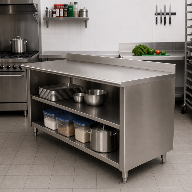 Product image #2 for Advance Tabco Special Value Series 60" x 24" Open Base Stainless Steel Work Table with 5" Backsplash and Mid Shelf