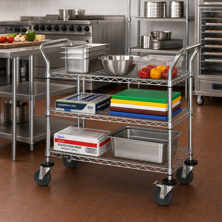 Product image #2 for Quantum WRC-2130-3 30 x 21 Inch 3-Shelf Wire Utility Bus Cart, Chrome Plated