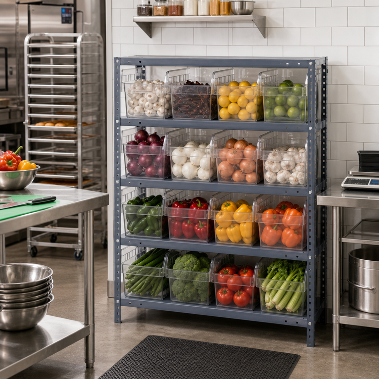 Product image #2 for Quantum Heavy-Duty Stationary Wire Shelving Unit with 4 Shelves, 12 Clear Bins, 36 x 12 x 39 Inches