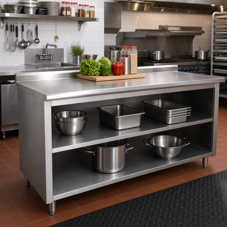 Product image #2 for Advance Tabco 84-Inch x 30-Inch 304 Stainless Steel Work Table with Open Front Cabinet Base, Mid-Shelf, and 1-1/2-Inch Rear Up-Turn
