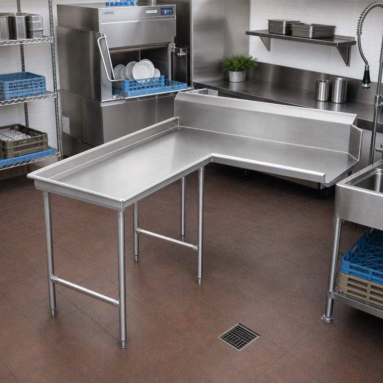 Product image #2 for Advance Tabco L-Shaped Left-Hand Island-Clean Dish Table, 59 Inch, 10-1/2 Inch Backsplash, 304 Stainless Steel