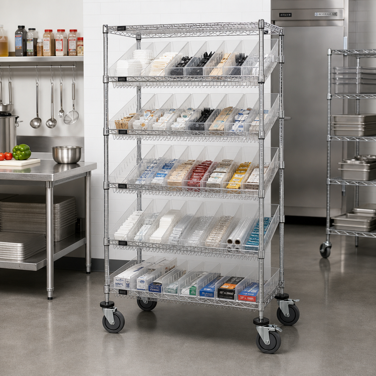Product image #2 for Quantum Mobile Wire Shelving Bin System Unit with 48 Clear Bins and 7 Shelves, Chrome Plated Finish