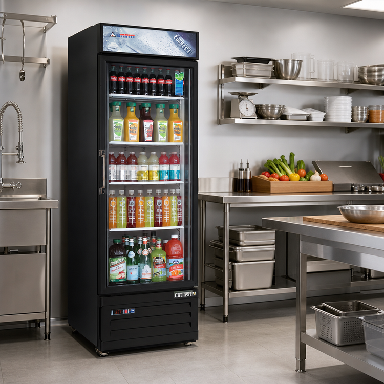 Product image #2 for Everest Refrigeration EMGR10B 24-Inch Single-Section Reach-In Glass Door Merchandiser Refrigerator, 10 Cu. Ft., Bottom-Mounted Self-Contained