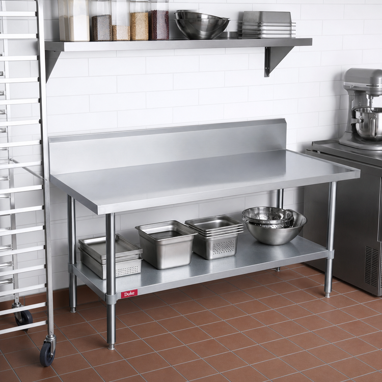 Product image #2 for Duke 48 Inch x 30 Inch 14 Gauge Stainless Steel Work Table with 10 Inch Riser and Galvanized Undershelf